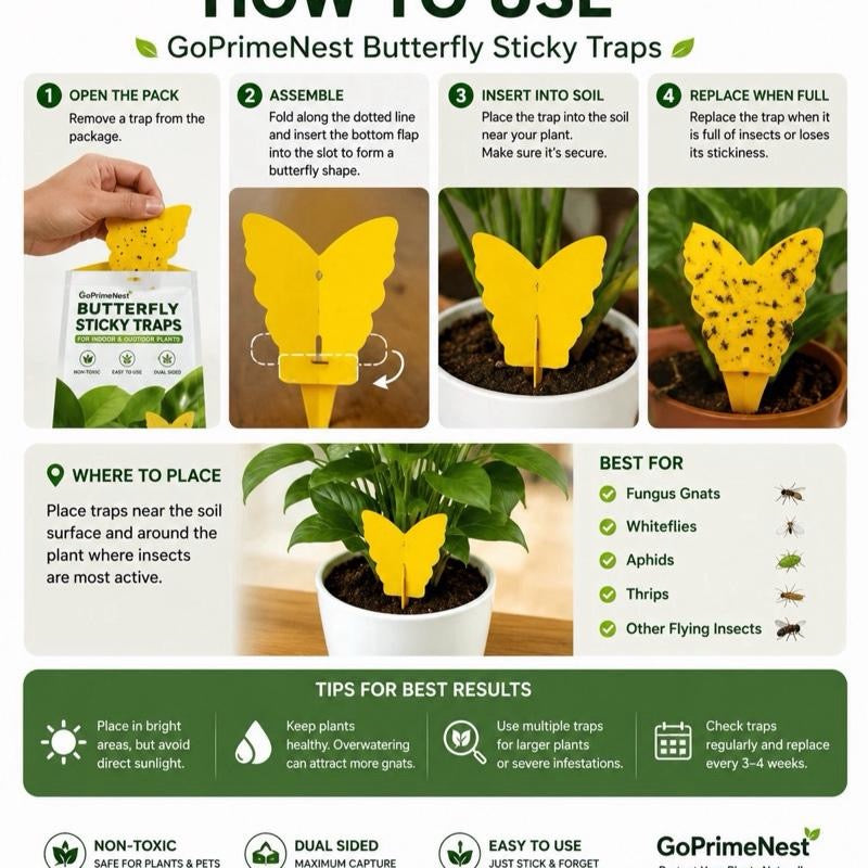 GoPrimeNest Butterfly Sticky Traps - 30 PCS Yellow Non-Toxic Strong Adhesive Bug Traps for Indoor Plants, Fungus Gnats, Fruit Flies, Aphids with Fragrance Scent (Home Care Supplies)