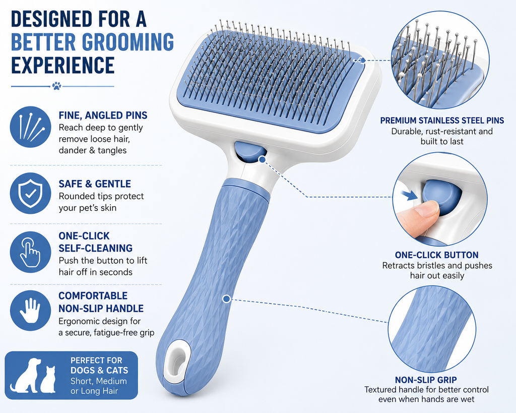 GoPrimeNest Self-Cleaning Slicker Brush for Dogs & Cats – One-Click Pet Grooming Brush for Shedding, Deshedding, Undercoat, Long & Short Hair, Gentle Stainless Steel Pins