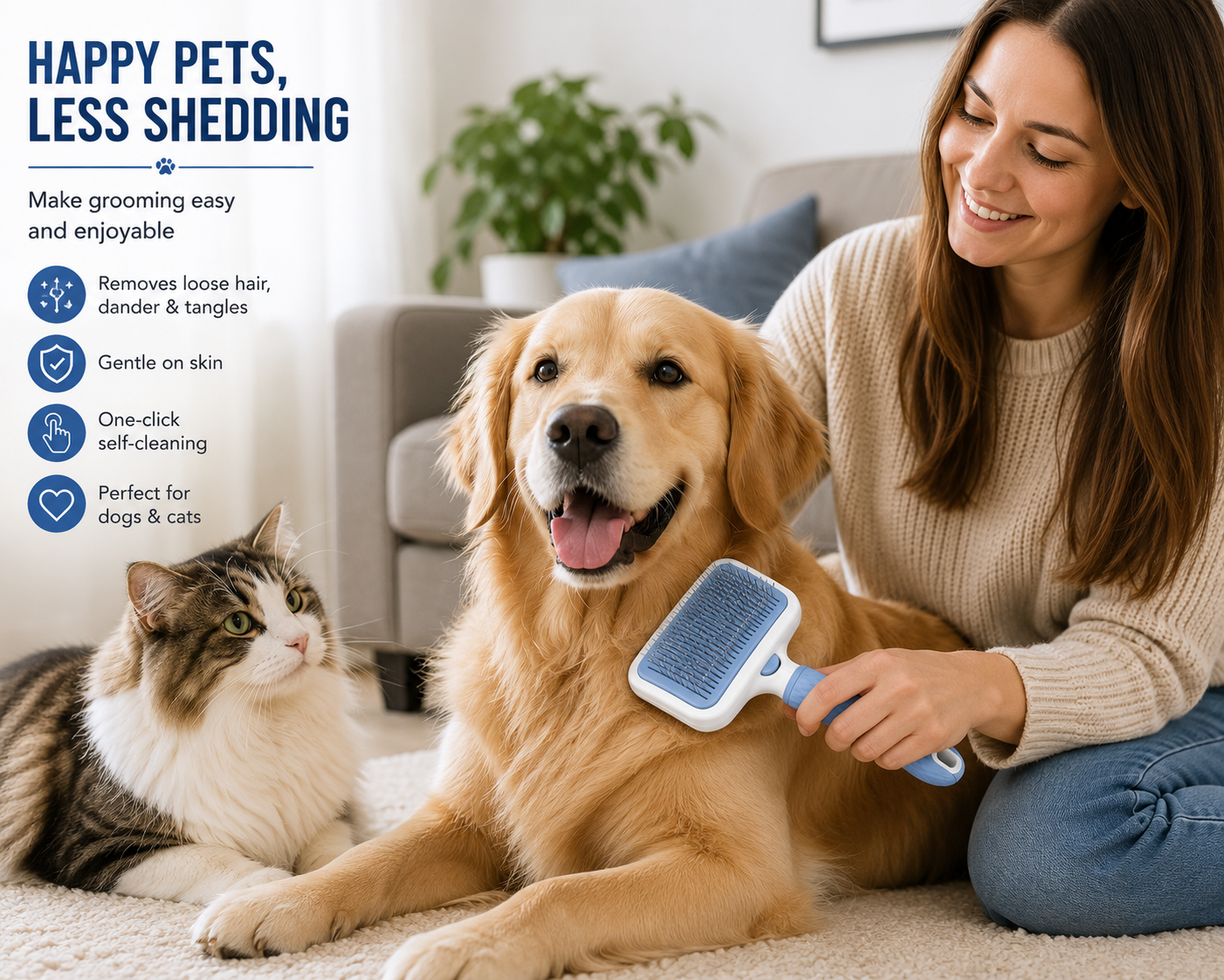 GoPrimeNest Self-Cleaning Slicker Brush for Dogs & Cats – One-Click Pet Grooming Brush for Shedding, Deshedding, Undercoat, Long & Short Hair, Gentle Stainless Steel Pins