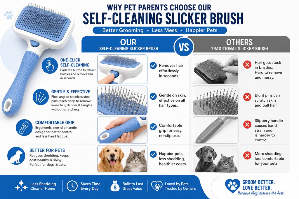 GoPrimeNest Self-Cleaning Slicker Brush for Dogs & Cats – One-Click Pet Grooming Brush for Shedding, Deshedding, Undercoat, Long & Short Hair, Gentle Stainless Steel Pins