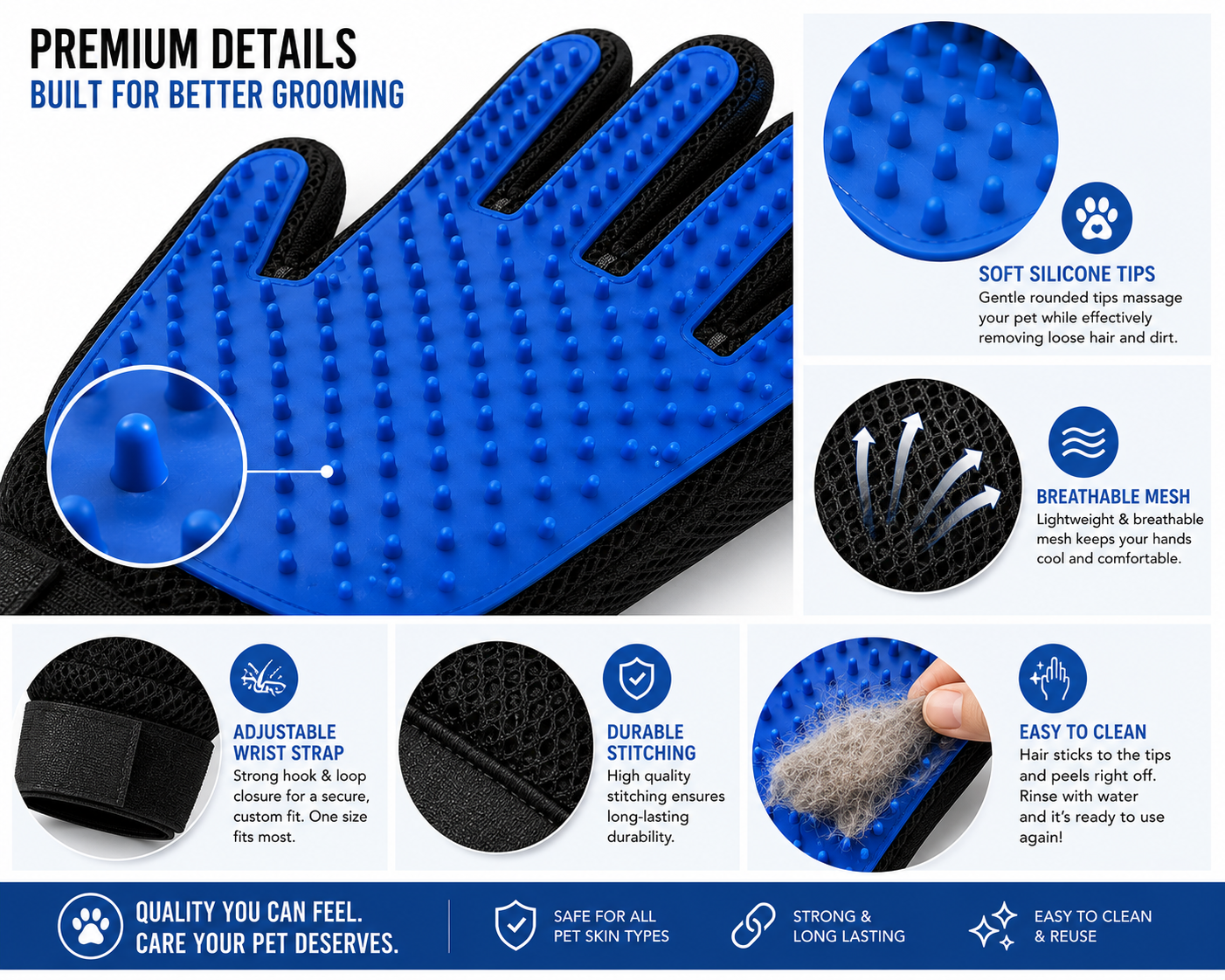 GoPrimeNest Pet Grooming Gloves for Dogs & Cats – Deshedding Grooming Gloves with Soft Silicone Tips, Hair Remover Mitt, Adjustable Wrist Strap, Reusable & Washable, 1 Pair