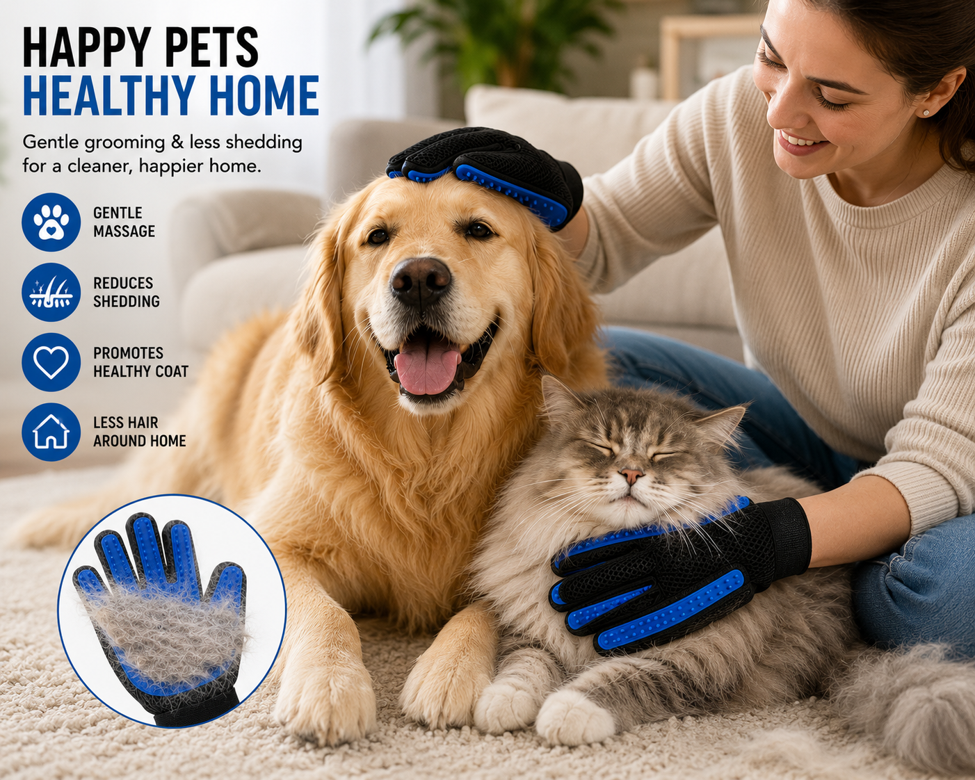 GoPrimeNest Pet Grooming Gloves for Dogs & Cats – Deshedding Grooming Gloves with Soft Silicone Tips, Hair Remover Mitt, Adjustable Wrist Strap, Reusable & Washable, 1 Pair
