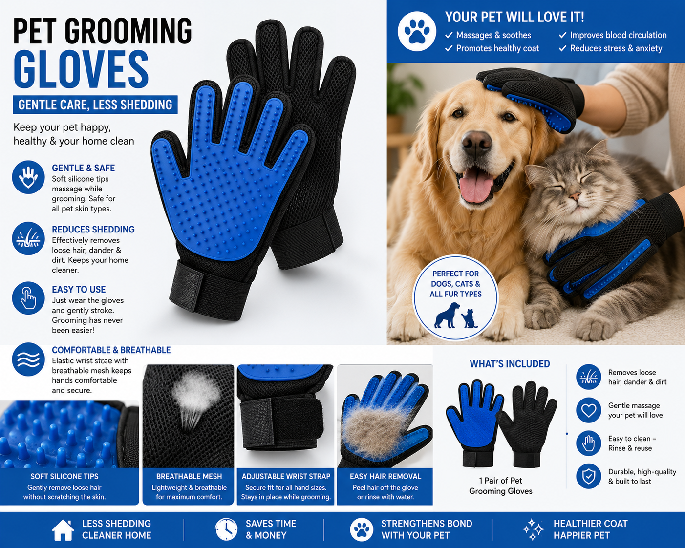 GoPrimeNest Pet Grooming Gloves for Dogs & Cats – Deshedding Grooming Gloves with Soft Silicone Tips, Hair Remover Mitt, Adjustable Wrist Strap, Reusable & Washable, 1 Pair