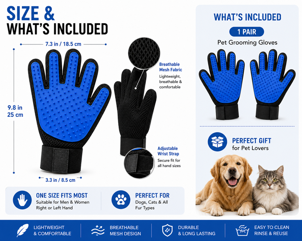 GoPrimeNest Pet Grooming Gloves for Dogs & Cats – Deshedding Grooming Gloves with Soft Silicone Tips, Hair Remover Mitt, Adjustable Wrist Strap, Reusable & Washable, 1 Pair