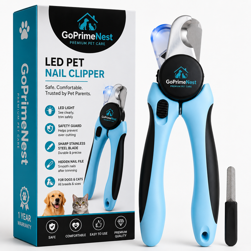 GoPrimeNest LED Pet Nail Clipper for Dogs & Cats – Professional Stainless Steel Nail Trimmer with Safety Guard, Built-in LED Light, Hidden Nail File & Non-Slip Ergonomic Handle for Safe Grooming