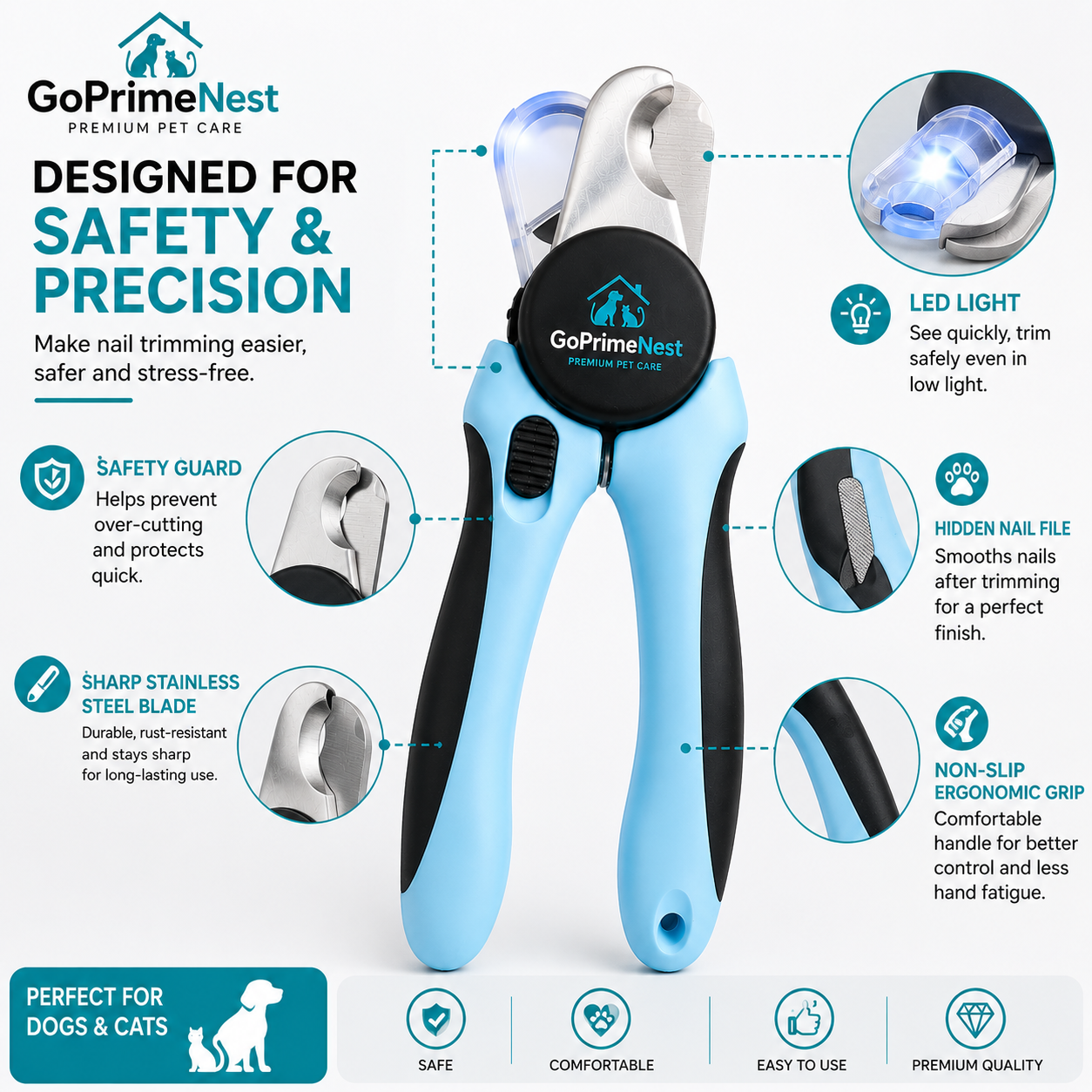 GoPrimeNest LED Pet Nail Clipper for Dogs & Cats – Professional Stainless Steel Nail Trimmer with Safety Guard, Built-in LED Light, Hidden Nail File & Non-Slip Ergonomic Handle for Safe Grooming