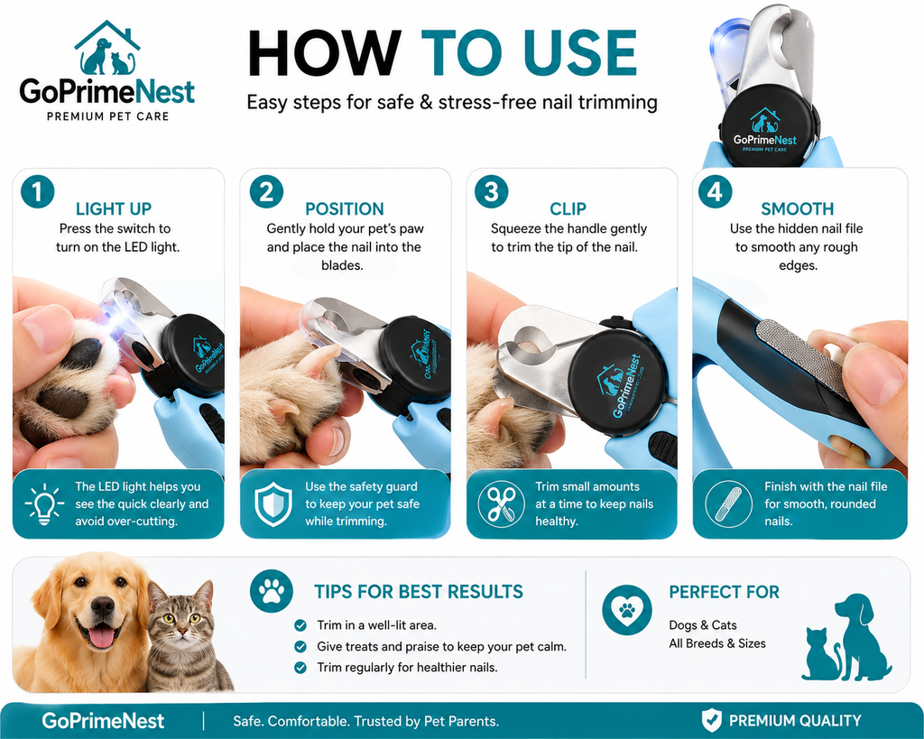 GoPrimeNest LED Pet Nail Clipper for Dogs & Cats – Professional Stainless Steel Nail Trimmer with Safety Guard, Built-in LED Light, Hidden Nail File & Non-Slip Ergonomic Handle for Safe Grooming