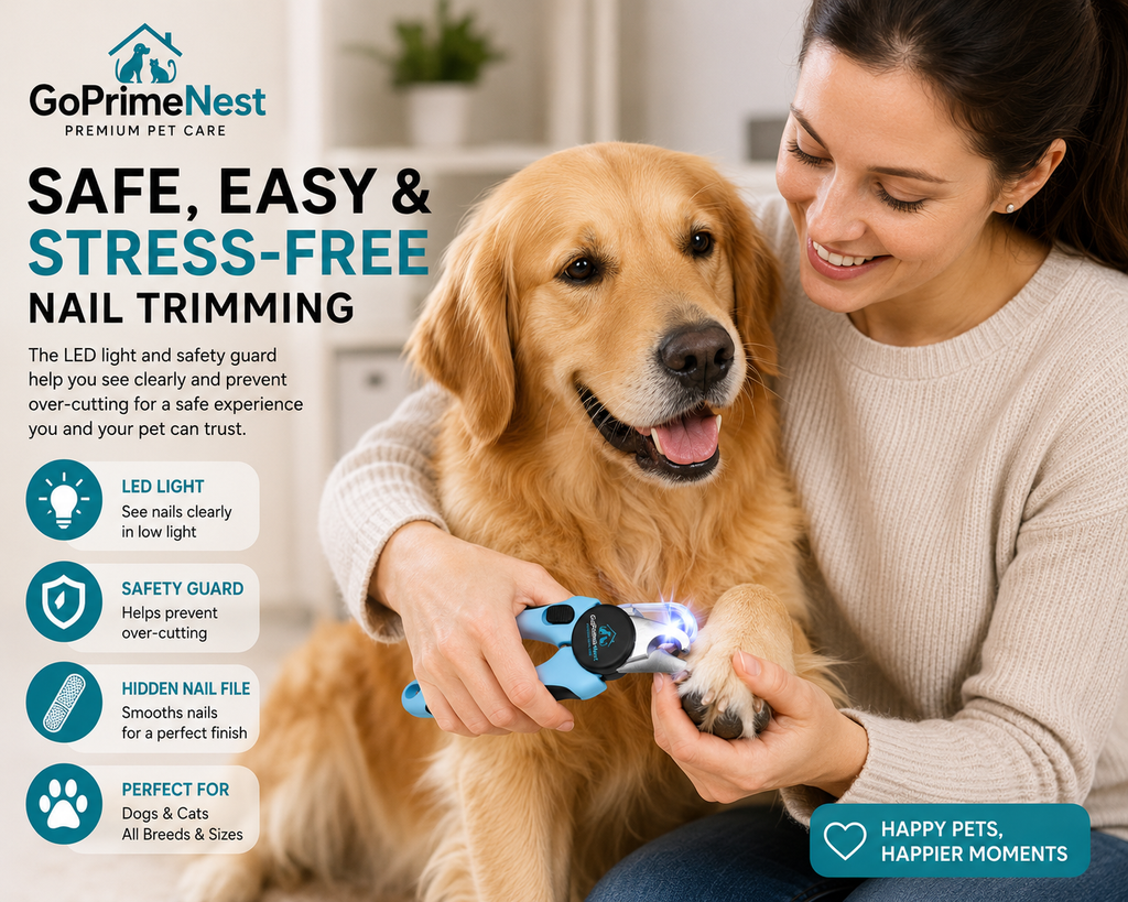 GoPrimeNest LED Pet Nail Clipper for Dogs & Cats – Professional Stainless Steel Nail Trimmer with Safety Guard, Built-in LED Light, Hidden Nail File & Non-Slip Ergonomic Handle for Safe Grooming