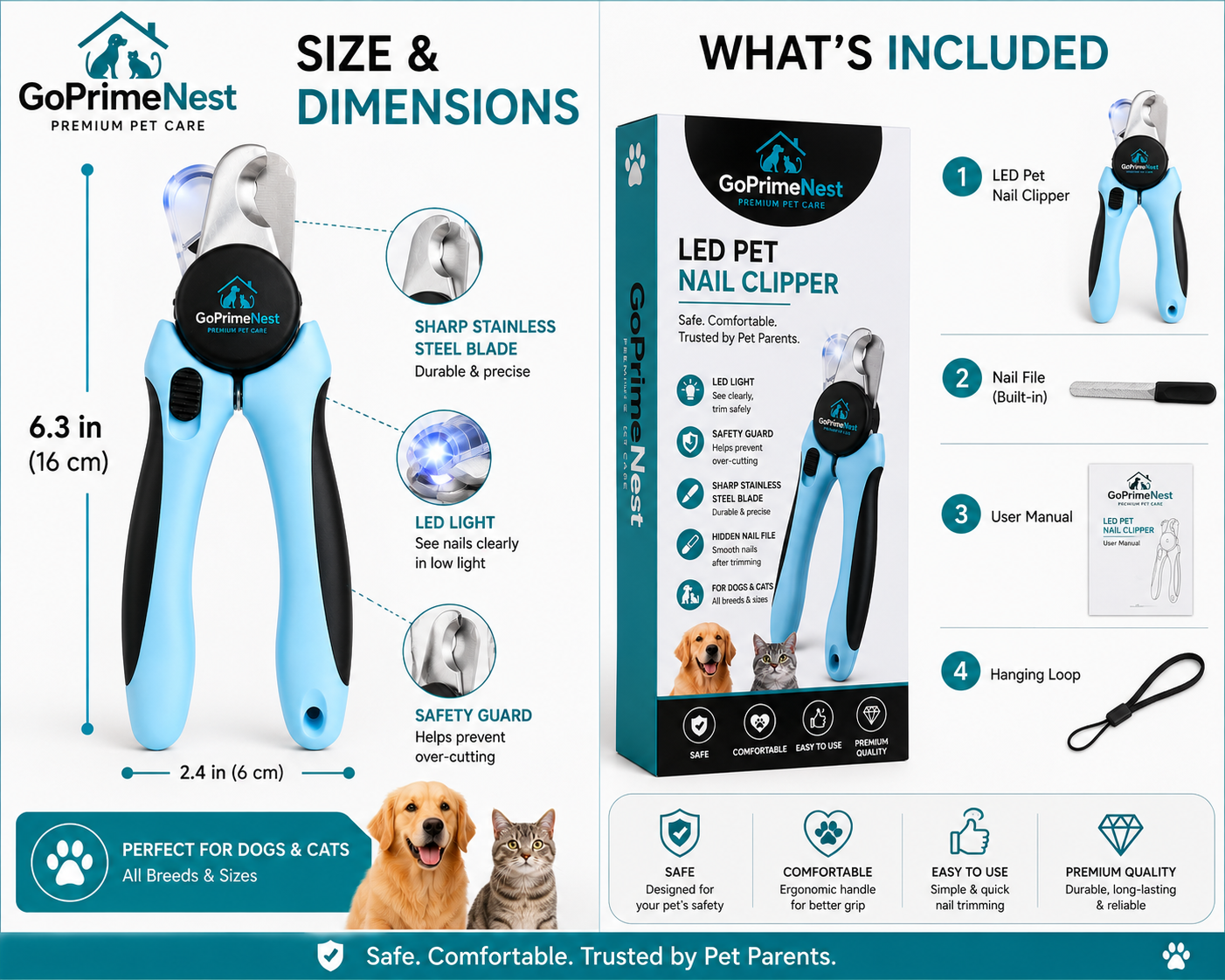GoPrimeNest LED Pet Nail Clipper for Dogs & Cats – Professional Stainless Steel Nail Trimmer with Safety Guard, Built-in LED Light, Hidden Nail File & Non-Slip Ergonomic Handle for Safe Grooming