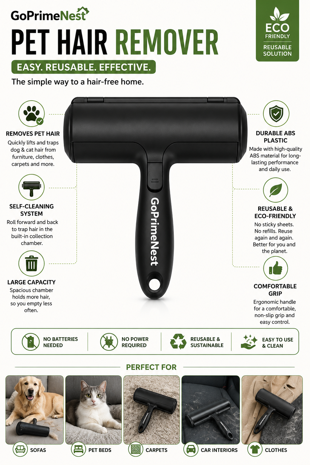GoPrimeNest Pet Hair Remover Roller – Reusable Self-Cleaning Lint Roller for Dog & Cat Hair, Furniture, Carpet, Couch & Car