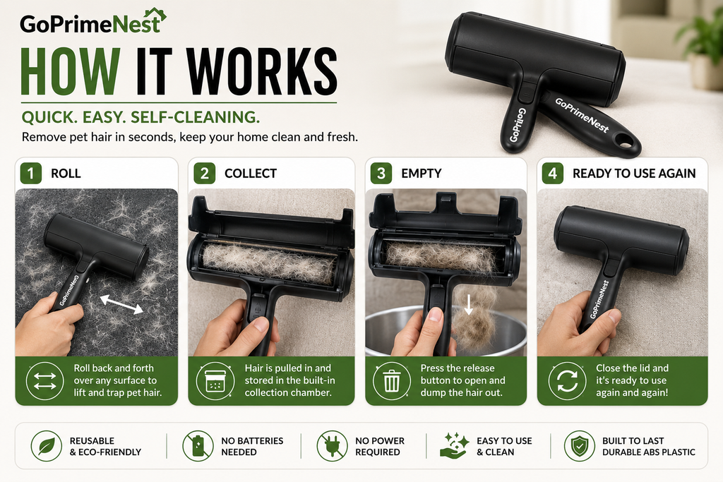GoPrimeNest Pet Hair Remover Roller – Reusable Self-Cleaning Lint Roller for Dog & Cat Hair, Furniture, Carpet, Couch & Car