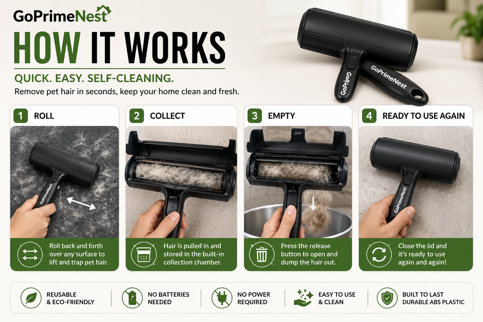 GoPrimeNest Pet Hair Remover Roller – Reusable Self-Cleaning Lint Roller for Dog & Cat Hair, Furniture, Carpet, Couch & Car