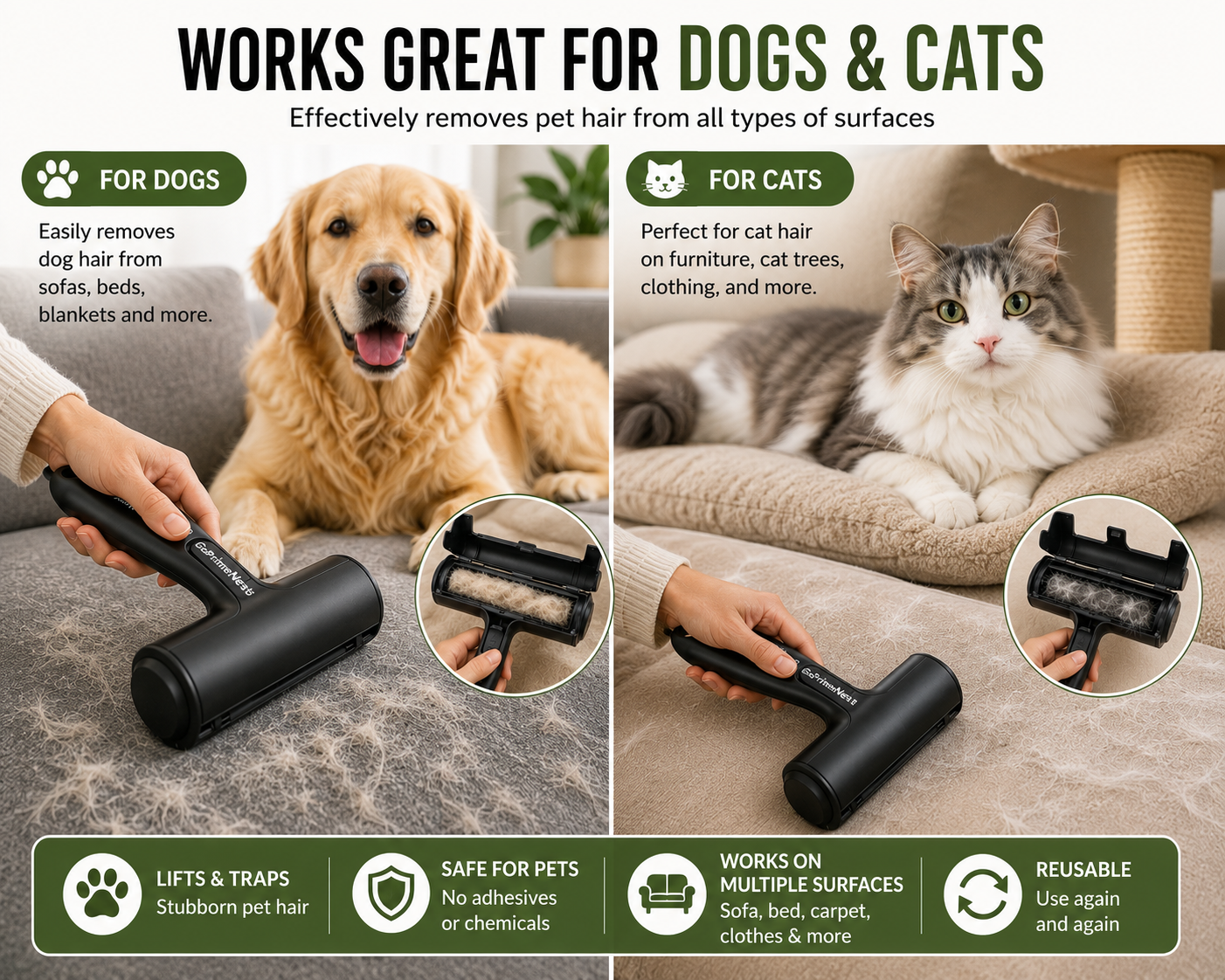 GoPrimeNest Pet Hair Remover Roller – Reusable Self-Cleaning Lint Roller for Dog & Cat Hair, Furniture, Carpet, Couch & Car
