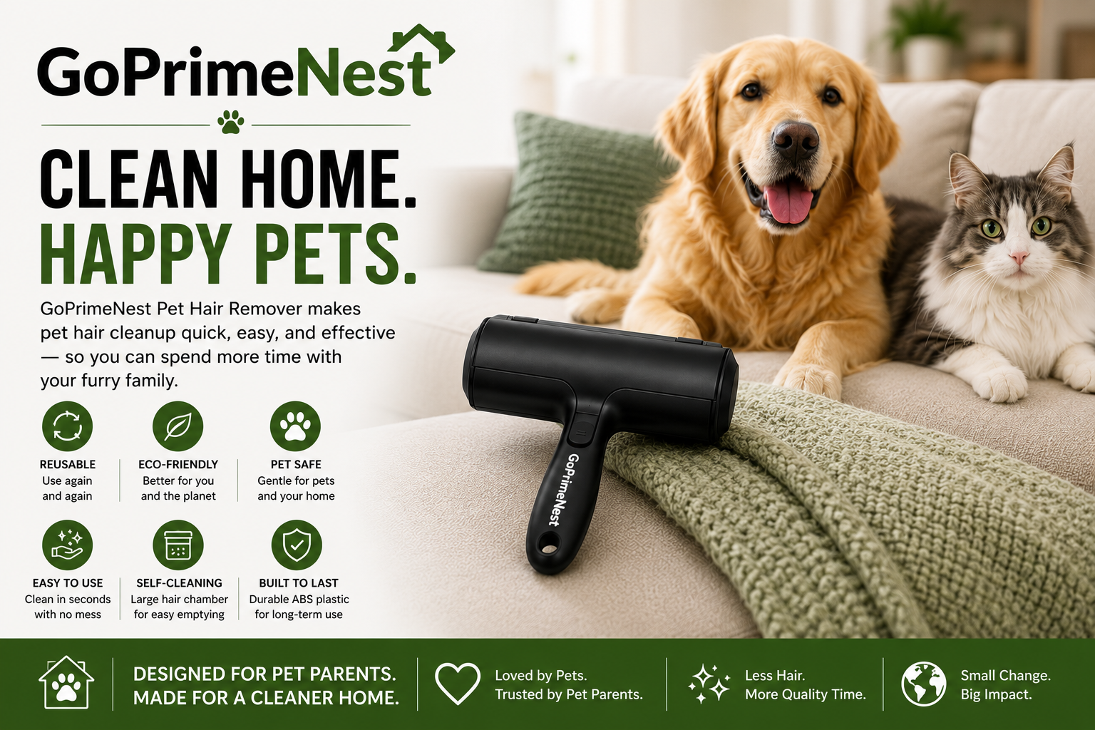 GoPrimeNest Pet Hair Remover Roller – Reusable Self-Cleaning Lint Roller for Dog & Cat Hair, Furniture, Carpet, Couch & Car